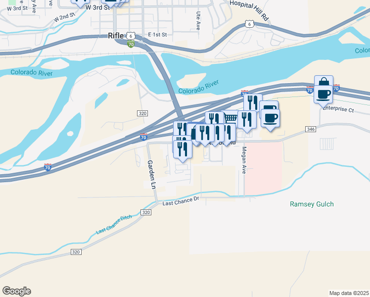 map of restaurants, bars, coffee shops, grocery stores, and more near 365 7th Street South in Rifle