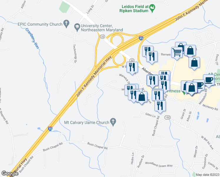 map of restaurants, bars, coffee shops, grocery stores, and more near 307 Stevens Circle in Aberdeen