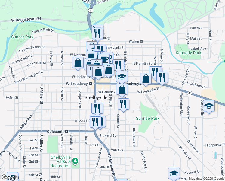map of restaurants, bars, coffee shops, grocery stores, and more near 206 East Hendricks Street in Shelbyville