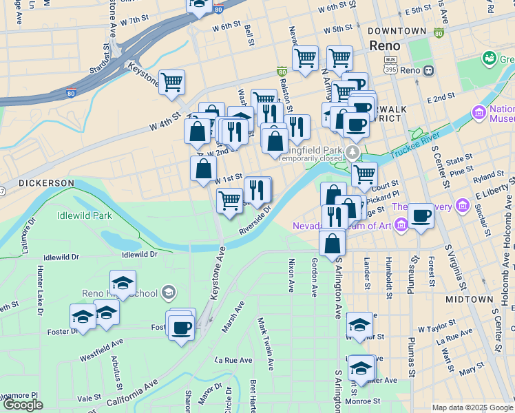 map of restaurants, bars, coffee shops, grocery stores, and more near 18 Winter Street in Reno