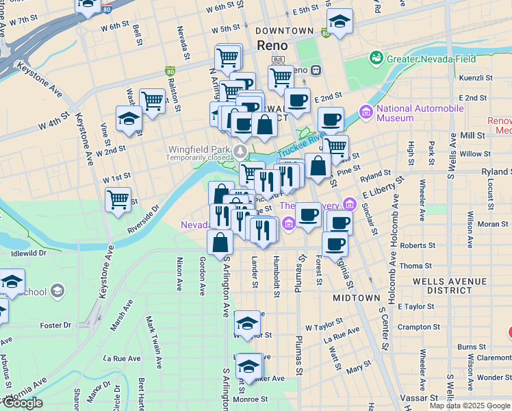 map of restaurants, bars, coffee shops, grocery stores, and more near 241 Ridge Street in Reno
