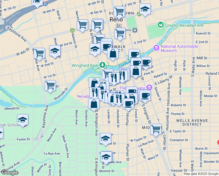 map of restaurants, bars, coffee shops, grocery stores, and more near 241 Ridge Street in Reno