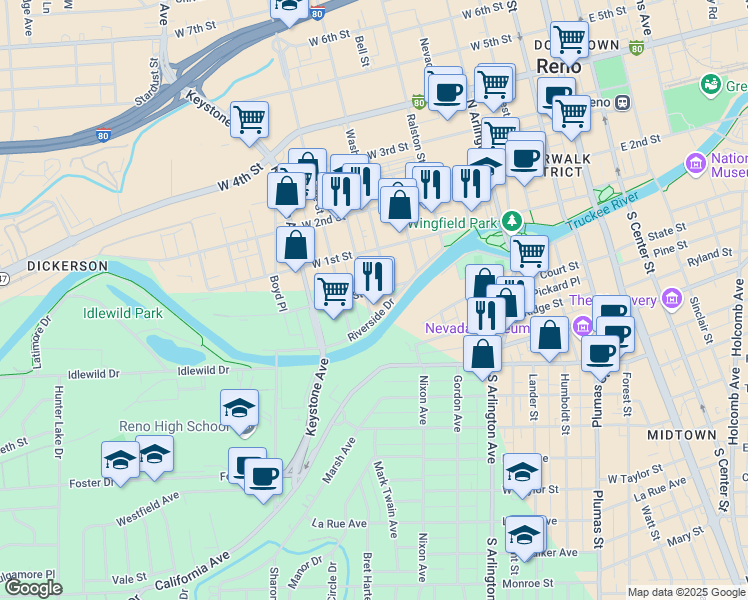 map of restaurants, bars, coffee shops, grocery stores, and more near 727 Riverside Drive in Reno