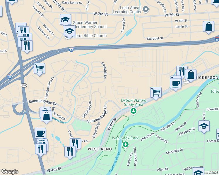 map of restaurants, bars, coffee shops, grocery stores, and more near 1330 Sandyhill Lane in Reno