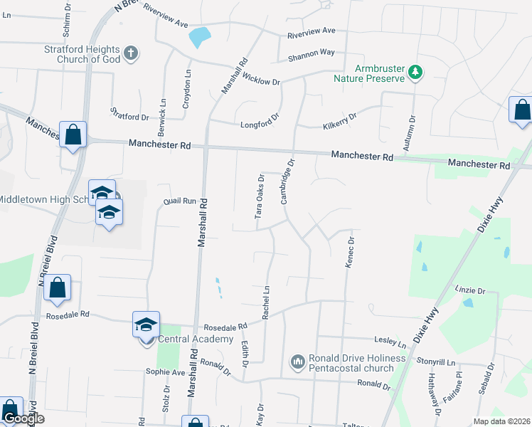 map of restaurants, bars, coffee shops, grocery stores, and more near 505 Tara Oaks Drive in Middletown