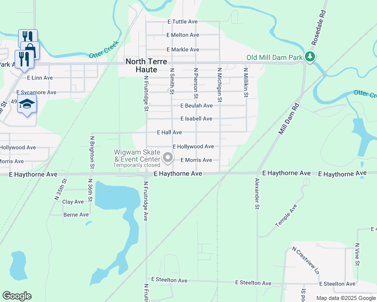 map of restaurants, bars, coffee shops, grocery stores, and more near 3951 East Hollywood Avenue in Terre Haute