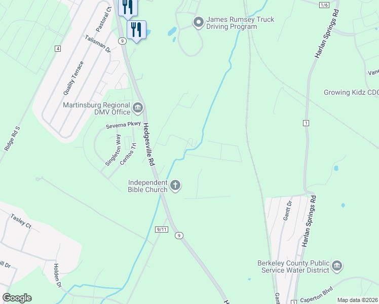 map of restaurants, bars, coffee shops, grocery stores, and more near 83 Aldrin Lane in Martinsburg