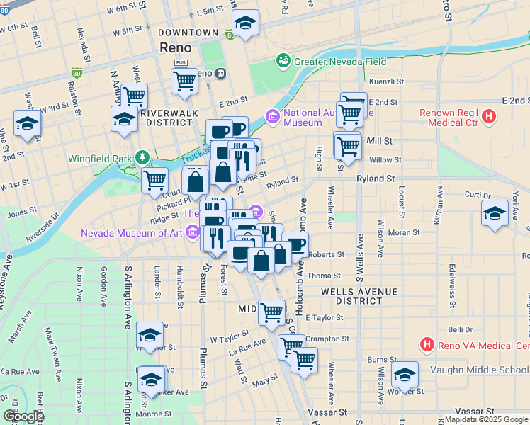 map of restaurants, bars, coffee shops, grocery stores, and more near 190 East Liberty Street in Reno