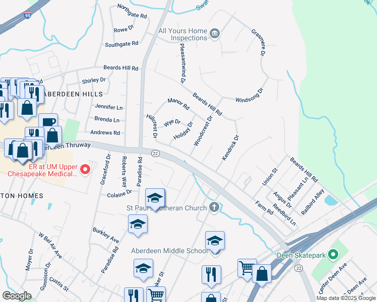 map of restaurants, bars, coffee shops, grocery stores, and more near 414 Woodcrest Drive in Aberdeen