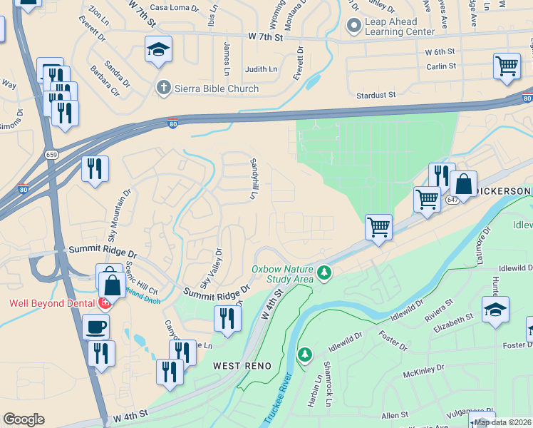 map of restaurants, bars, coffee shops, grocery stores, and more near 1330 Sandyhill Lane in Reno