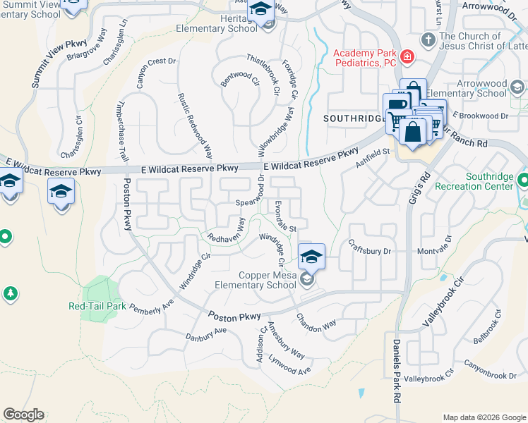 map of restaurants, bars, coffee shops, grocery stores, and more near Firelight Trail in Highlands Ranch