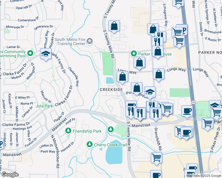 map of restaurants, bars, coffee shops, grocery stores, and more near 10843 South Twenty Mile Road in Parker