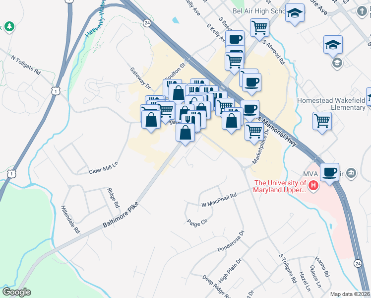 map of restaurants, bars, coffee shops, grocery stores, and more near 709 Belair Road in Bel Air