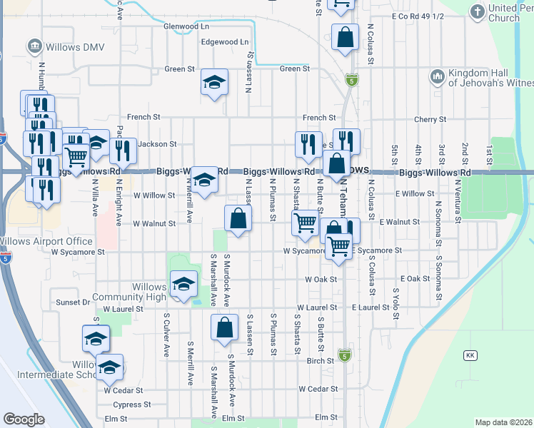 map of restaurants, bars, coffee shops, grocery stores, and more near 217 North Plumas Street in Willows