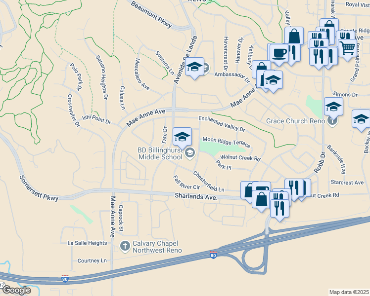 map of restaurants, bars, coffee shops, grocery stores, and more near 6685 Chesterfield Lane in Reno
