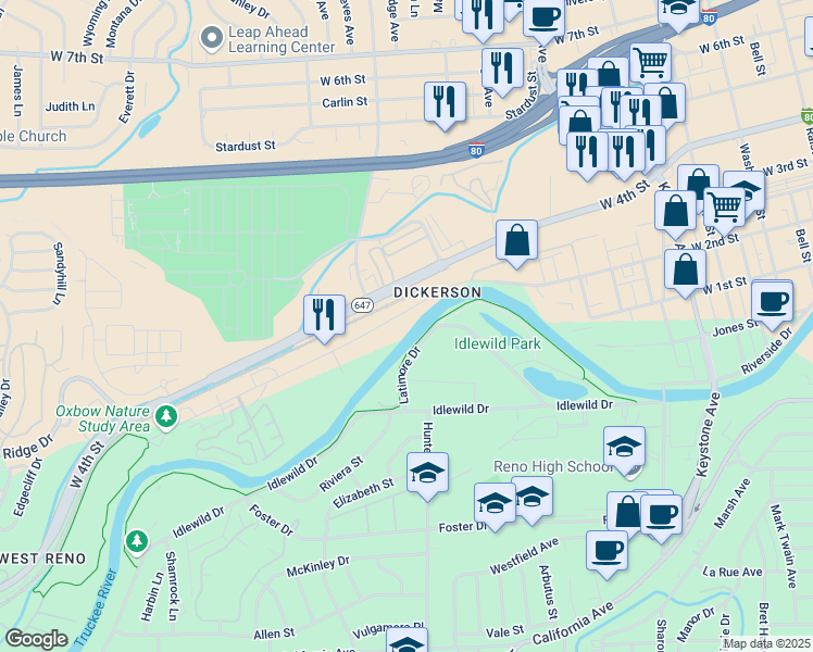 map of restaurants, bars, coffee shops, grocery stores, and more near 2050 Dickerson Road in Reno