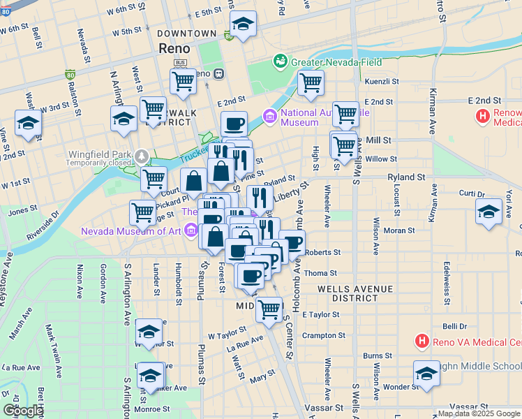 map of restaurants, bars, coffee shops, grocery stores, and more near 190 East Liberty Street in Reno