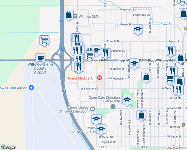 map of restaurants, bars, coffee shops, grocery stores, and more near 229 North Villa Avenue in Willows