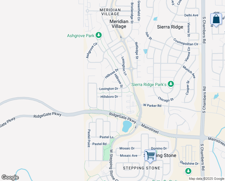 map of restaurants, bars, coffee shops, grocery stores, and more near 14063 Hillsboro Drive in Parker
