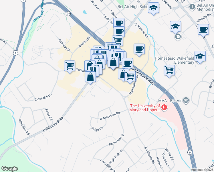 map of restaurants, bars, coffee shops, grocery stores, and more near 312 South Tollgate Road in Bel Air