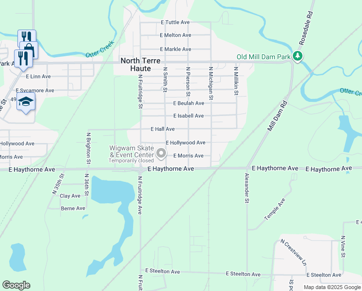 map of restaurants, bars, coffee shops, grocery stores, and more near 3951 East Hollywood Avenue in Terre Haute