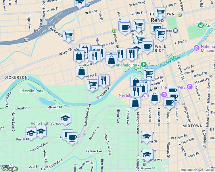 map of restaurants, bars, coffee shops, grocery stores, and more near 727 Riverside Drive in Reno