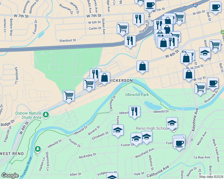 map of restaurants, bars, coffee shops, grocery stores, and more near 2050 Dickerson Road in Reno