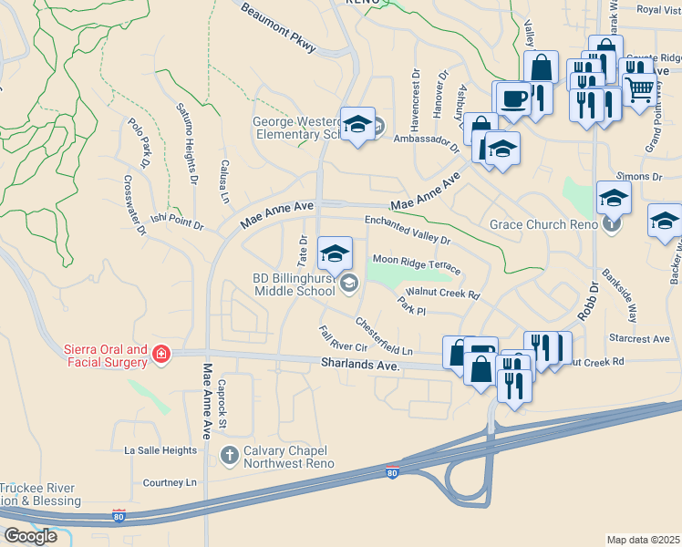 map of restaurants, bars, coffee shops, grocery stores, and more near 6685 Chesterfield Lane in Reno