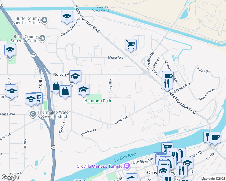 map of restaurants, bars, coffee shops, grocery stores, and more near 76 Gaylor Avenue in Oroville