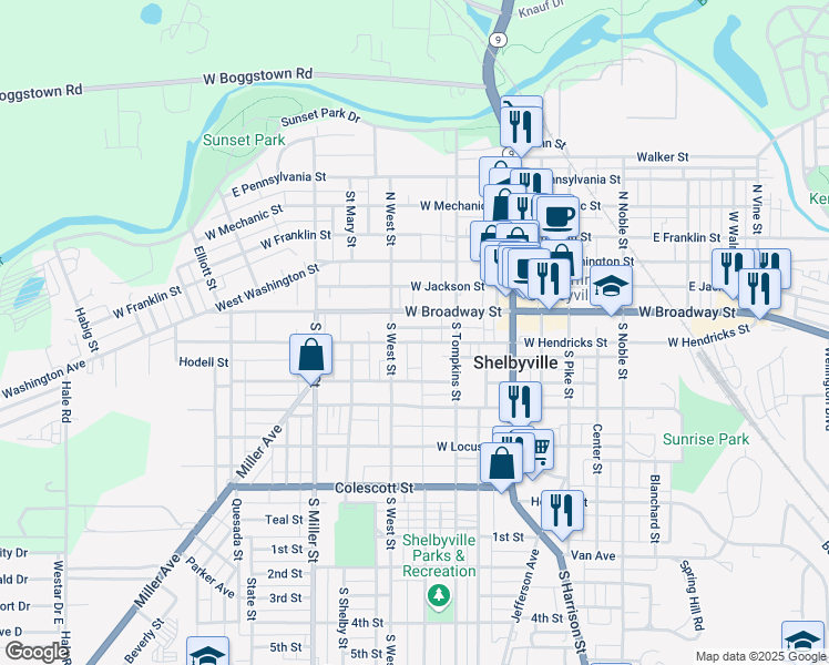 map of restaurants, bars, coffee shops, grocery stores, and more near 133 West Hendricks Street in Shelbyville