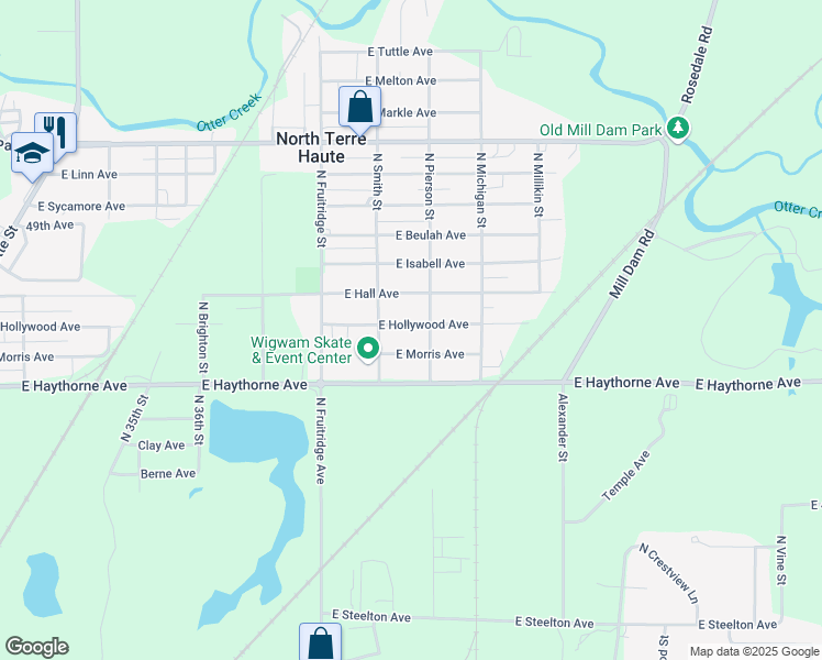 map of restaurants, bars, coffee shops, grocery stores, and more near 3951 East Hollywood Avenue in Terre Haute