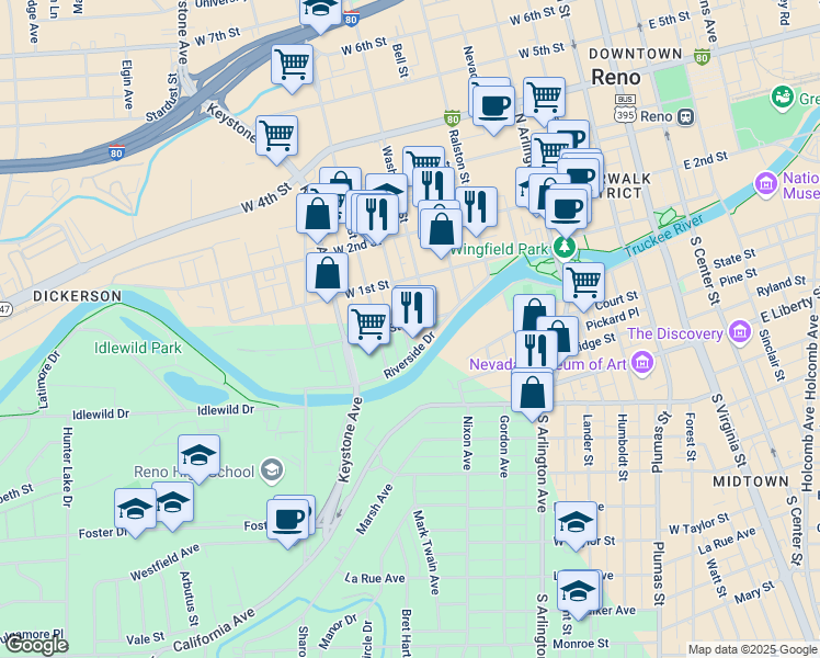 map of restaurants, bars, coffee shops, grocery stores, and more near 36 Vine Street in Reno