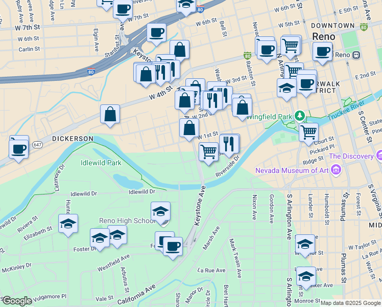 map of restaurants, bars, coffee shops, grocery stores, and more near 1037 Jones Street in Reno