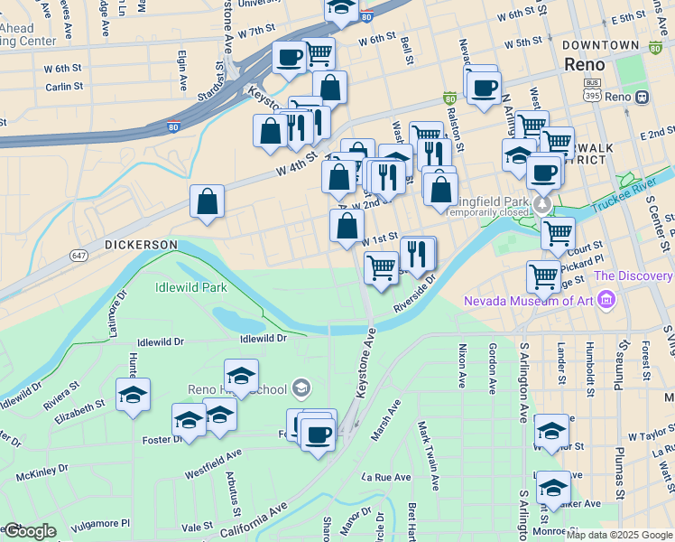 map of restaurants, bars, coffee shops, grocery stores, and more near 76 Boyd Place in Reno