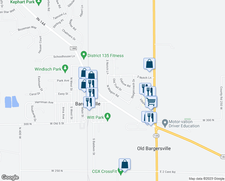 map of restaurants, bars, coffee shops, grocery stores, and more near 83 Wagon Road in Bargersville