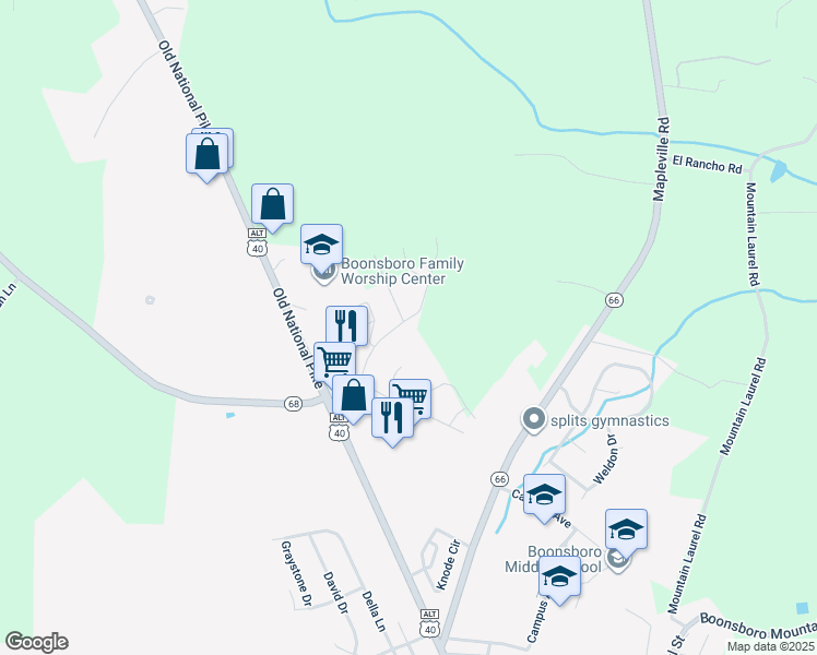 map of restaurants, bars, coffee shops, grocery stores, and more near 107 Tiger Way in Boonsboro