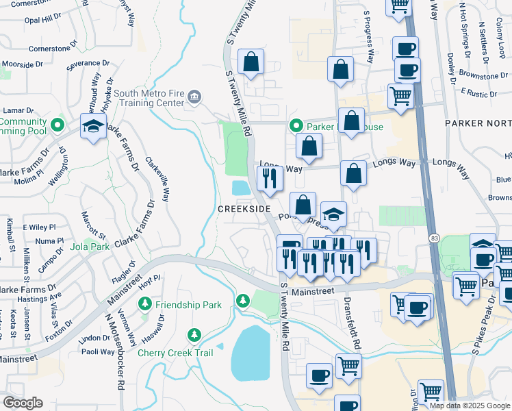 map of restaurants, bars, coffee shops, grocery stores, and more near 10715 Twenty Mile Road in Parker