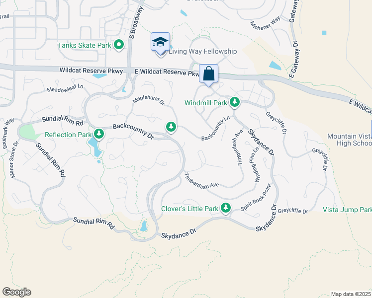 map of restaurants, bars, coffee shops, grocery stores, and more near 10680 Backcountry Drive in Highlands Ranch