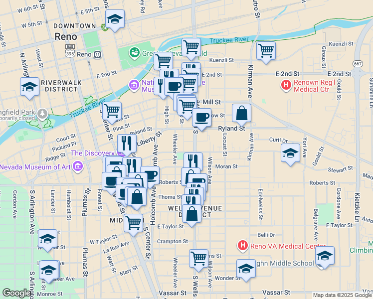 map of restaurants, bars, coffee shops, grocery stores, and more near in Reno