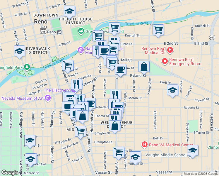 map of restaurants, bars, coffee shops, grocery stores, and more near in Reno