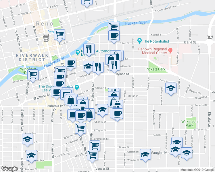 map of restaurants, bars, coffee shops, grocery stores, and more near 417 Wheeler Avenue in Reno