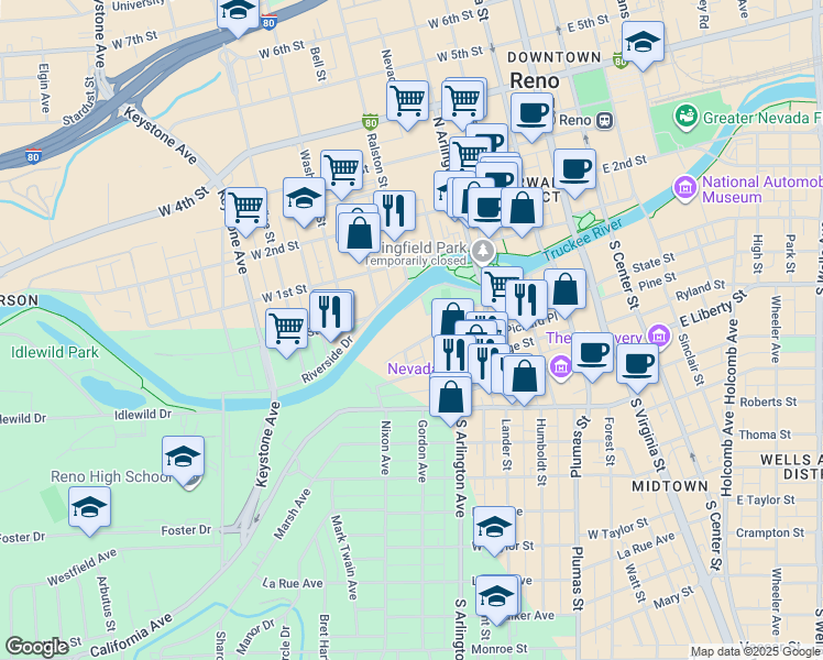 map of restaurants, bars, coffee shops, grocery stores, and more near 500 Court Street in Reno