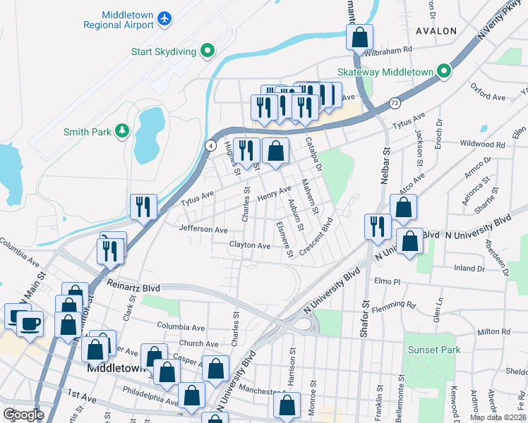 map of restaurants, bars, coffee shops, grocery stores, and more near 725 Charles Street in Middletown