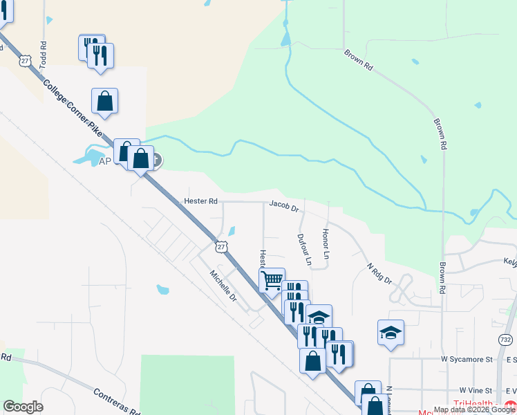 map of restaurants, bars, coffee shops, grocery stores, and more near 5851 Hester Road in Oxford