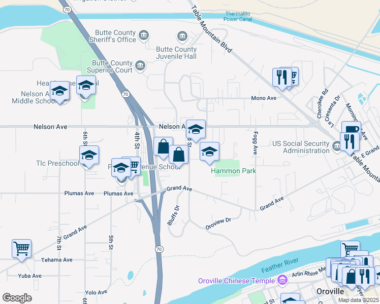 map of restaurants, bars, coffee shops, grocery stores, and more near 2120 2nd Street in Oroville