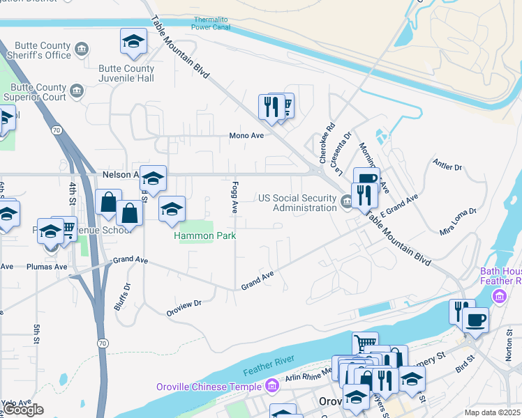 map of restaurants, bars, coffee shops, grocery stores, and more near 77 Paula Court in Oroville