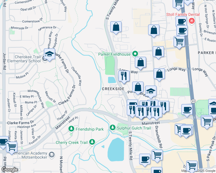 map of restaurants, bars, coffee shops, grocery stores, and more near 10751 Twenty Mile Road in Parker