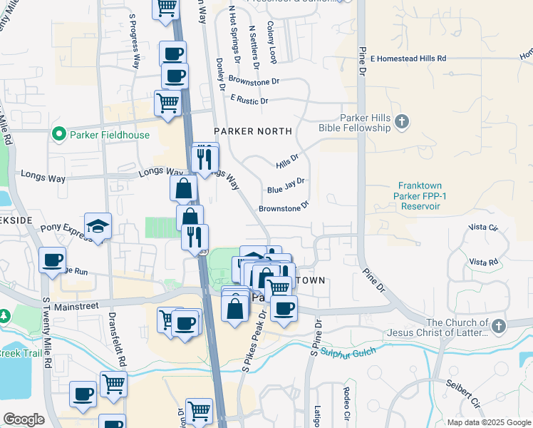 map of restaurants, bars, coffee shops, grocery stores, and more near 19601 Rosewood Court in Parker