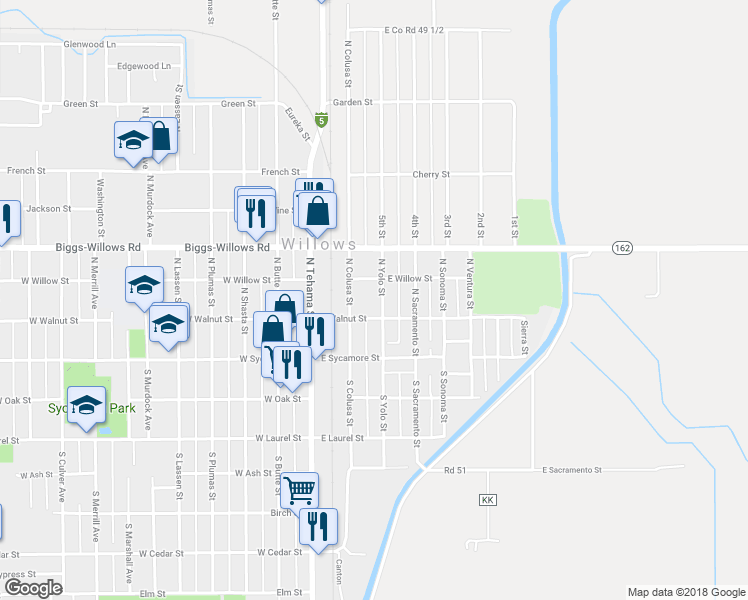 map of restaurants, bars, coffee shops, grocery stores, and more near 229 North Yolo Street in Willows