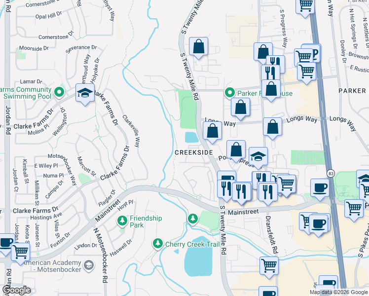 map of restaurants, bars, coffee shops, grocery stores, and more near 10751 South Twenty Mile Road in Parker
